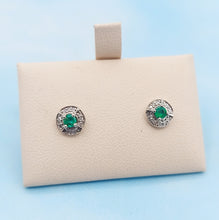 Load image into Gallery viewer, Emerald and Diamond Stud Earrings - 14K White Gold