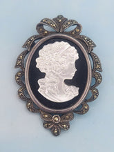 Load image into Gallery viewer, Vintage Silver Black Onyx and Mother of Pearl Cameo Brooch Pin