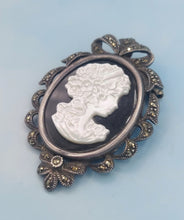 Load image into Gallery viewer, Vintage Silver Black Onyx and Mother of Pearl Cameo Brooch Pin