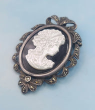 Load image into Gallery viewer, Vintage Silver Black Onyx and Mother of Pearl Cameo Brooch Pin