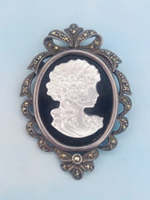 Load image into Gallery viewer, Vintage Silver Black Onyx and Mother of Pearl Cameo Brooch Pin