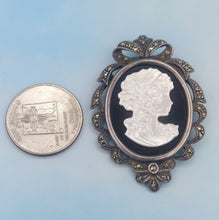 Load image into Gallery viewer, Vintage Silver Black Onyx and Mother of Pearl Cameo Brooch Pin