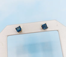 Load image into Gallery viewer, Blue Tourmaline Princess Cut Stud Earrings - 14K Yellow Gold