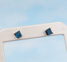 Load image into Gallery viewer, Blue Tourmaline Princess Cut Stud Earrings - 14K Yellow Gold