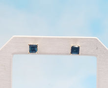 Load image into Gallery viewer, Blue Tourmaline Princess Cut Stud Earrings - 14K Yellow Gold
