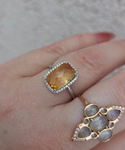 Load image into Gallery viewer, Checkerboard Citrine with Diamond Halo Ring - 14K White Gold