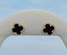 Load image into Gallery viewer, Onyx Clover Earrings with CZ Halo - Gold Plated