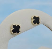 Load image into Gallery viewer, Onyx Clover Earrings with CZ Halo - Gold Plated