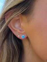 Load image into Gallery viewer, Blue Topaz and Diamond Halo Stud Earrings - 14K White Gold
