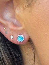 Load image into Gallery viewer, Blue Topaz and Diamond Halo Stud Earrings - 14K White Gold