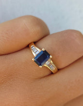 Load image into Gallery viewer, Emerald Cut Blue Sapphire and Diamond Ring - 14K Yellow Gold - Estate Piece