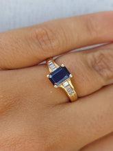 Load image into Gallery viewer, Emerald Cut Blue Sapphire and Diamond Ring - 14K Yellow Gold - Estate Piece