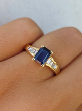 Load image into Gallery viewer, Emerald Cut Blue Sapphire and Diamond Ring - 14K Yellow Gold - Estate Piece