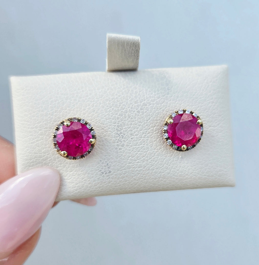 Diamond and Synthetic Ruby Stud Earrings - 14K Yellow Gold