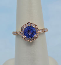 Load image into Gallery viewer, Round Tanzanite and Diamond Fleur Ring - 14K Rose Gold