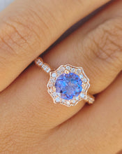 Load image into Gallery viewer, Round Tanzanite and Diamond Fleur Ring - 14K Rose Gold