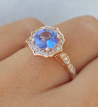 Load image into Gallery viewer, Round Tanzanite and Diamond Fleur Ring - 14K Rose Gold