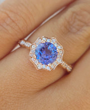 Load image into Gallery viewer, Round Tanzanite and Diamond Fleur Ring - 14K Rose Gold