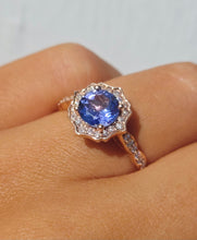 Load image into Gallery viewer, Round Tanzanite and Diamond Fleur Ring - 14K Rose Gold