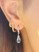 Load image into Gallery viewer, Blue Topaz &amp; Diamond Huggie Hoop Earrings - 14K White Gold