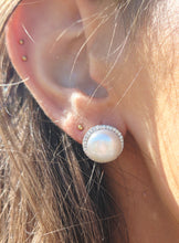 Load image into Gallery viewer, Mega Pearl Stud Earrings with CZ Halo - Sterling Silver