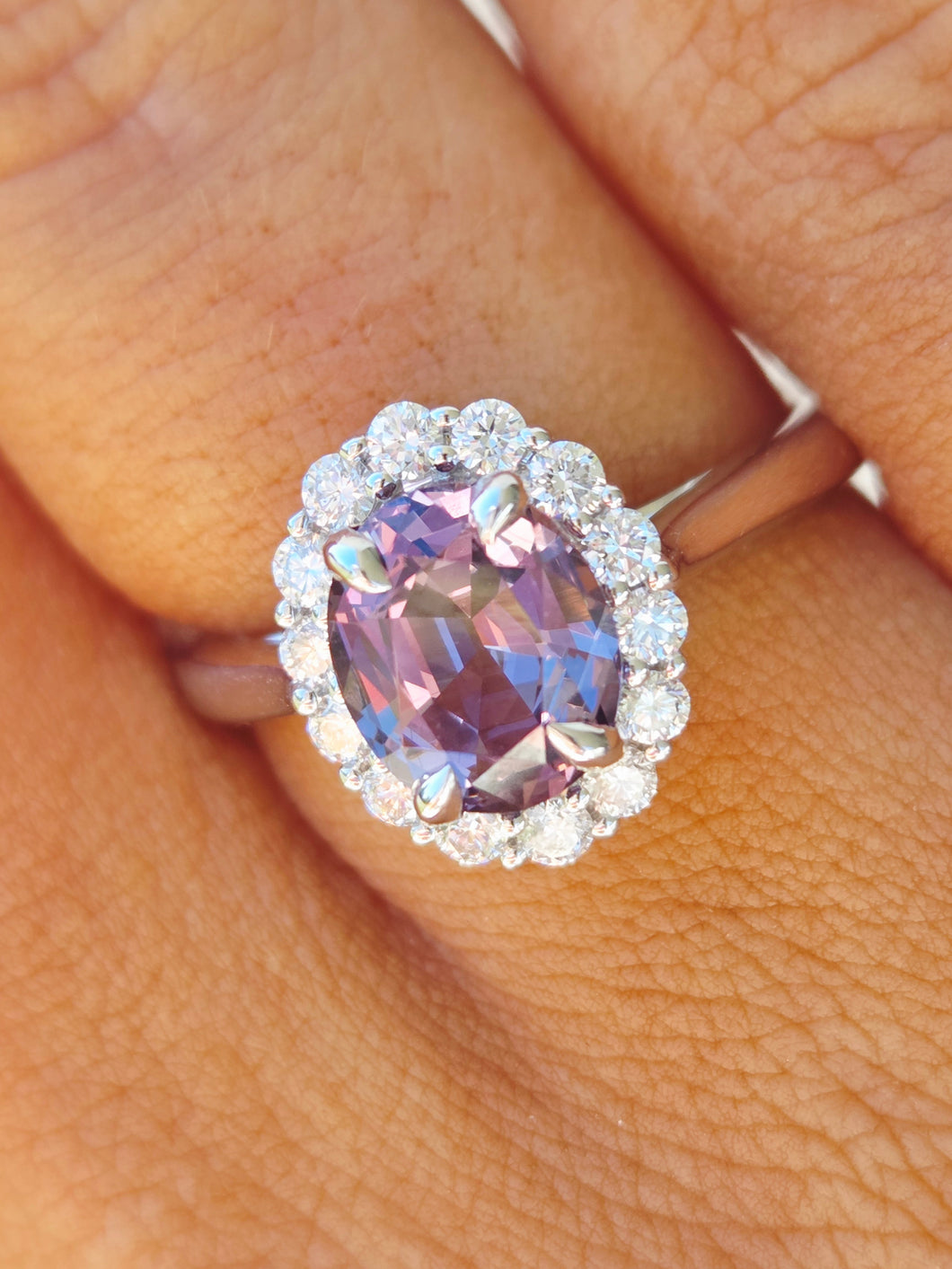 Purple Gray Spinel with Diamond Halo Ring - 14K White Gold