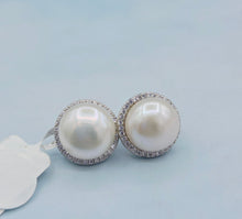 Load image into Gallery viewer, Mega Pearl Stud Earrings with CZ Halo - Sterling Silver