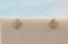 Load image into Gallery viewer, Pink CZ Flower Safety Back Stud Earrings - 14K Yellow Gold