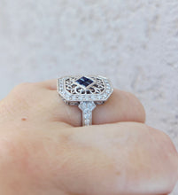 Load image into Gallery viewer, Vintage Style Sapphire &amp; Diamond Ring - 14K White Gold
