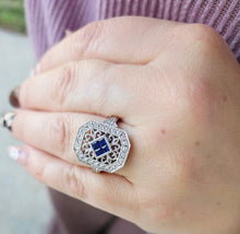 Load image into Gallery viewer, Vintage Style Sapphire &amp; Diamond Ring - 14K White Gold