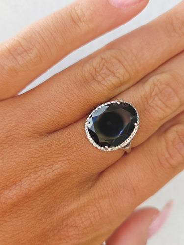 Black Agate & Diamond Ring - 14K White Gold
