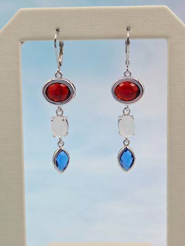 Red, White, Blue Silver Gemstone Leverback Earrings - One of a Kind