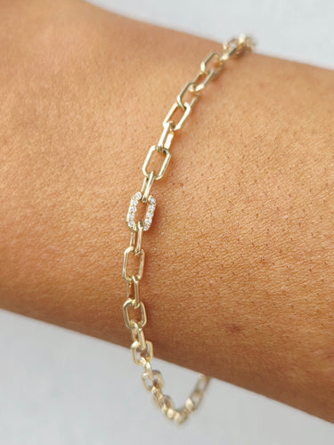 Mini Paperclip Link Diamond Bracelet - 14K Gold