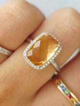 Load image into Gallery viewer, Checkerboard Citrine with Diamond Halo Ring - 14K White Gold