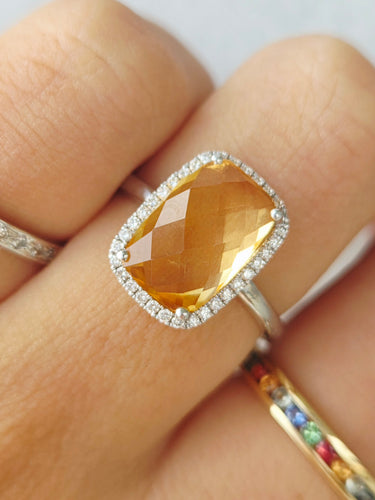 Checkerboard Citrine with Diamond Halo Ring - 14K White Gold