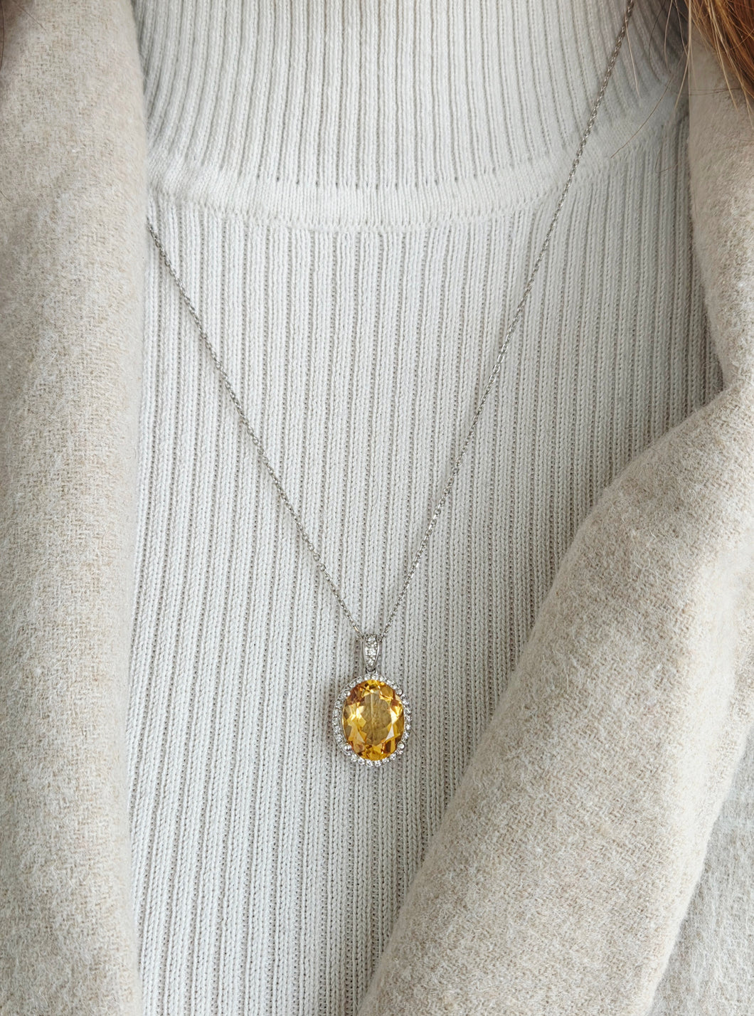 Citrine and Diamond Necklace - 14K White Gold
