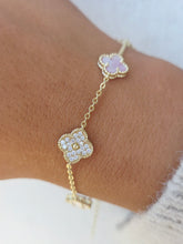 Load image into Gallery viewer, Pink Mother of Pearl &amp; Pave CZ Clover Bracelet - Gold Plated