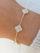Load image into Gallery viewer, Pink Mother of Pearl &amp; Pave CZ Clover Bracelet - Gold Plated
