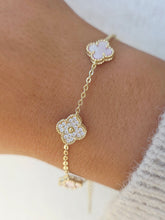 Load image into Gallery viewer, Pink Mother of Pearl &amp; Pave CZ Clover Bracelet - Gold Plated