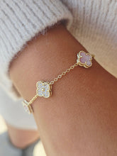 Load image into Gallery viewer, Pink Mother of Pearl &amp; Pave CZ Clover Bracelet - Gold Plated
