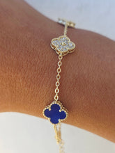 Load image into Gallery viewer, Lapis &amp; Pave CZ Clover Bracelet - Gold Plated