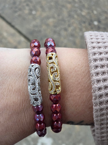 Faceted Burgundy Vintage-Style Filigree Beaded Bracelet - Stash