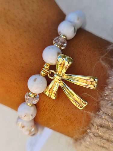 Cream Mother of Pearl w/Gold Bow Beaded Bracelet - Elena Michele