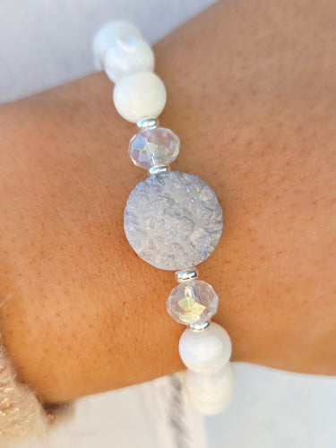 Druzy on White Mother of Pearl Beaded Bracelet - Elena Michele