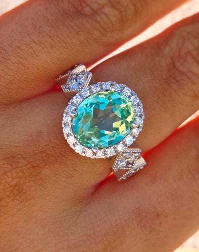 Oval Mint Green Sapphire & Diamond Ring - 14K White Gold - Marie's Custom Design
