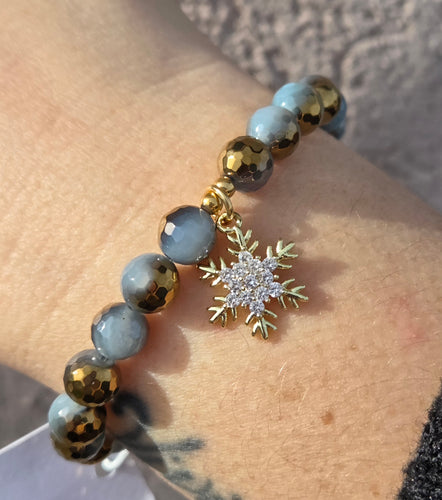 Snowflake on Aqua Gold Mystic Agate Charm Bracelet - Elena Michele