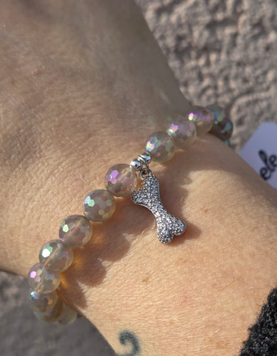Dog Bone Charm on Grey Agate Beaded Bracelet - Elena Michele