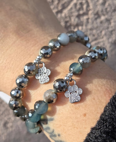 Paw Print on Aqua Silver Mystic Agate Charm Bracelet - Elena Michele