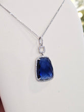Load image into Gallery viewer, Blue Corundum Sapphire and Diamond Pendant on White Gold Chain - 14K White Gold