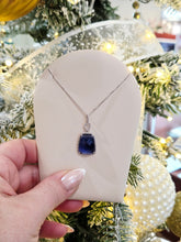 Load image into Gallery viewer, Blue Corundum Sapphire and Diamond Pendant on White Gold Chain - 14K White Gold